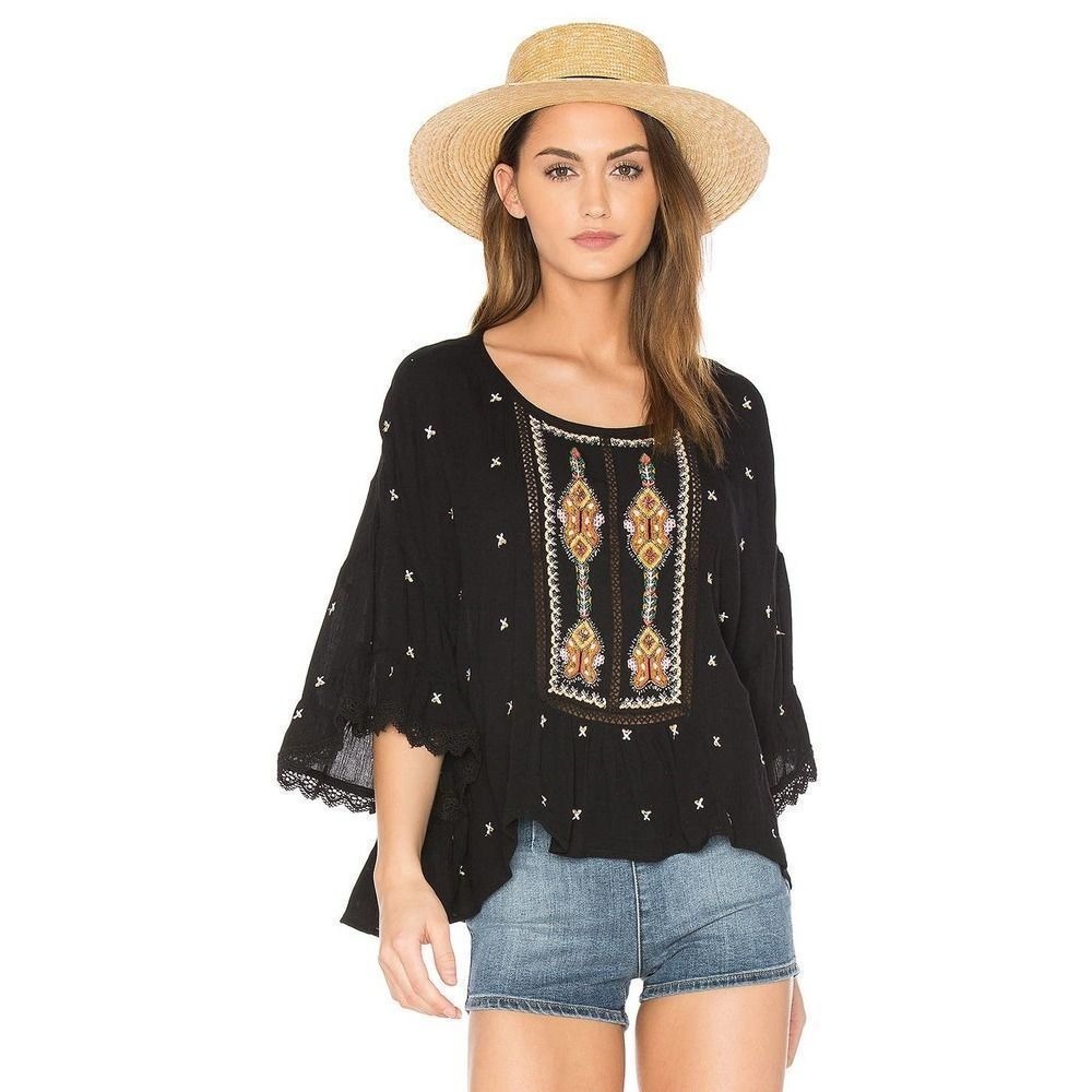 Velvet Graham & Spencer Top Black Alasdair Whimsigoth Fairy Boho XS Embroidered